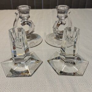 Lot of 2 Crystal Hexagonal Candlestick Holders - Clear Glass